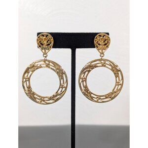Vintage‎ VAL Signed Gold Tone Round Hoop Dangle Earrings Bold Statement